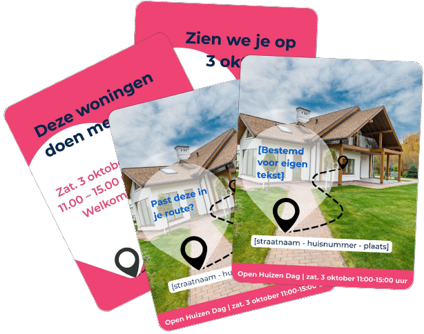 Canva-set met openingsslide, vijf aanpasbare woningslides en afsluitende slide voor de Open Huizen Dag