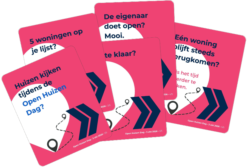 Overzicht van de vijf social media posts uit de Open Huizen Dag-contentserie voor woningmakelaars